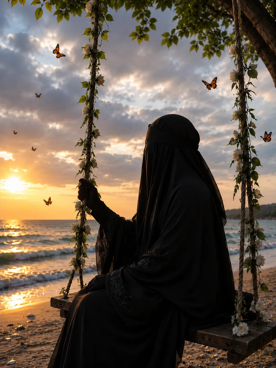 امرأة بنقاب أسود على أرجوحة مزينة بالورود عند الغروب على شاطئ البحر